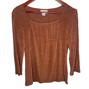 Coldwater Creek Womens Small Rust Brown Square Neck 3/4 Sleeve Textured Top S